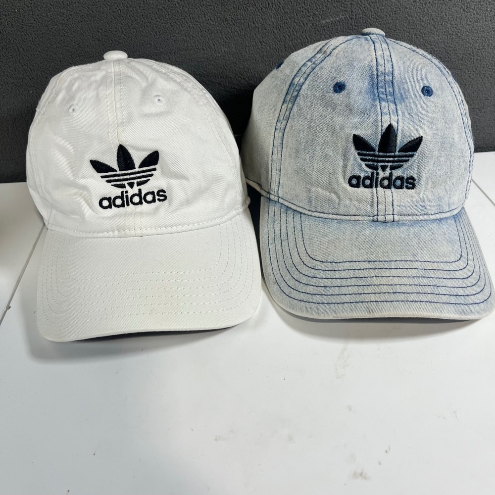 Adidas Originals Trefoil Baseball Cap Lot 2 White & Acid Wash Denim Dad Hats
